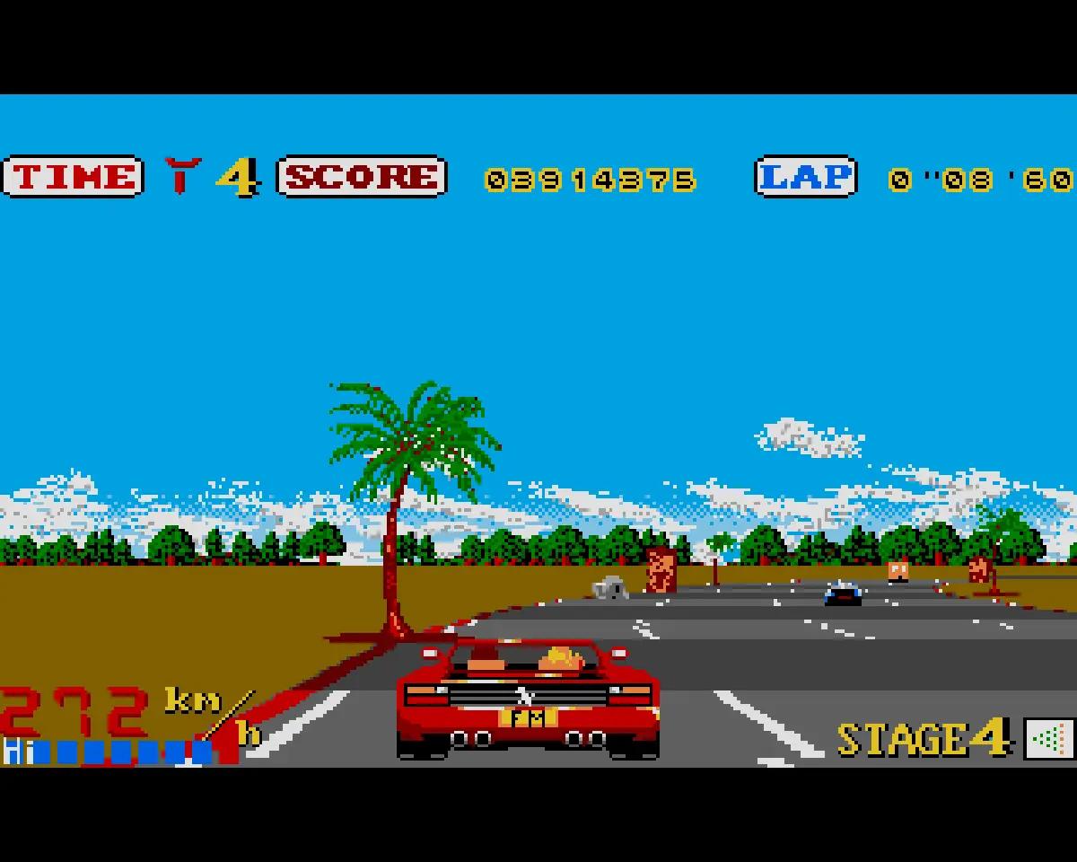 OutRun su Amiga con la Ferrari rossa su una strada tropicale.