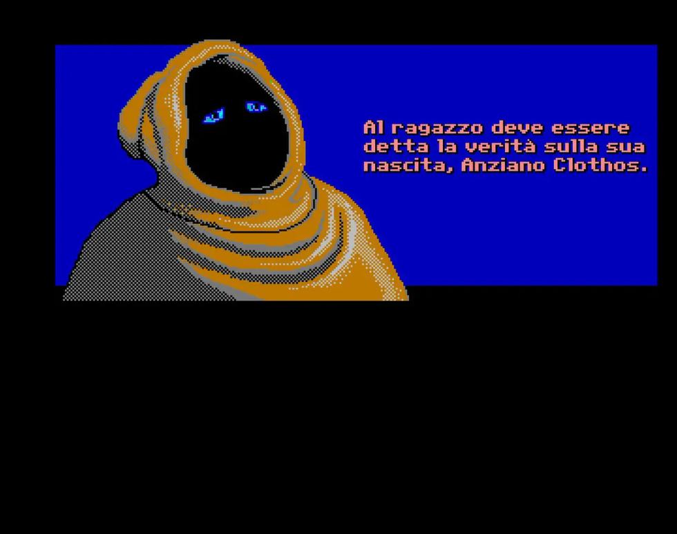 Dialogo tradotto in italiano nella versione Amiga di Loom, con l’Anziano Clothos.