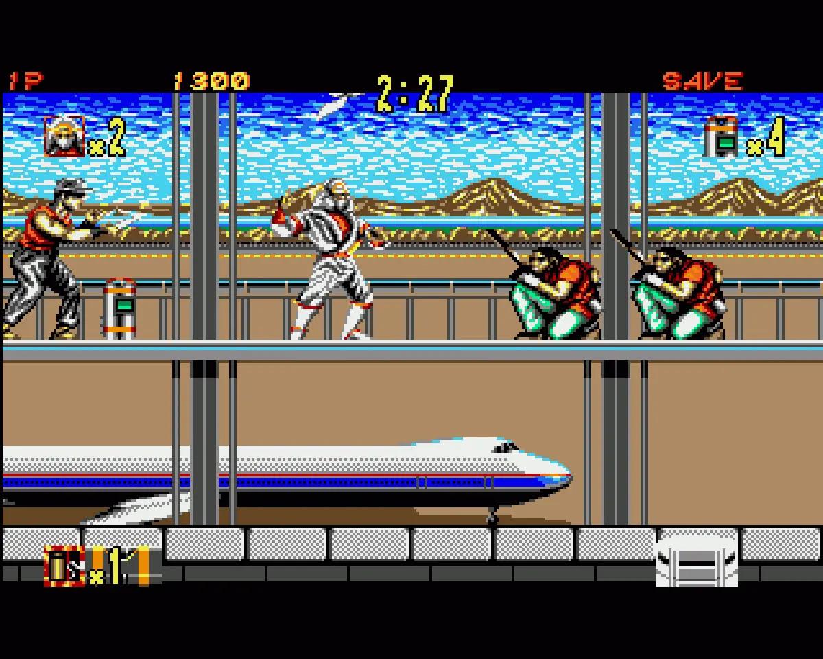 Shadow Dancer su Amiga con il ninja protagonista su un treno in corsa.