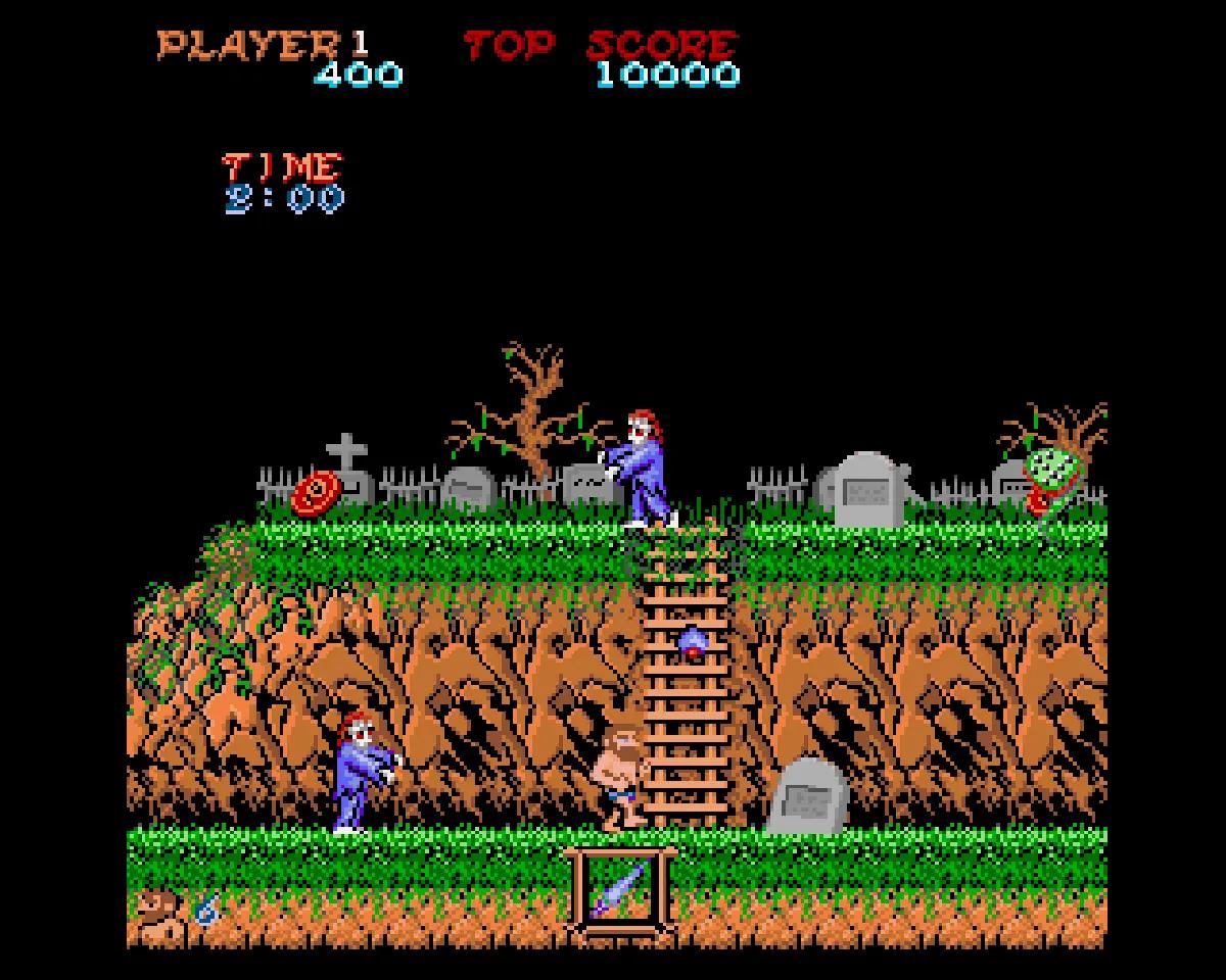Ghosts’n Goblins su Amiga con Arthur in uno scenario notturno popolato da nemici.