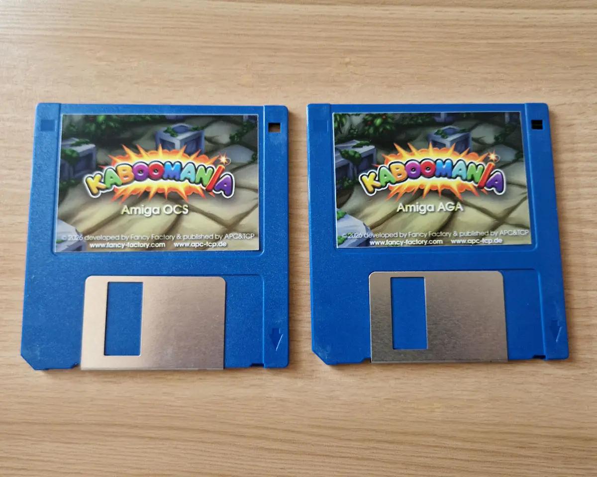Floppy disk di Kaboomania nelle versioni Amiga OCS e AGA