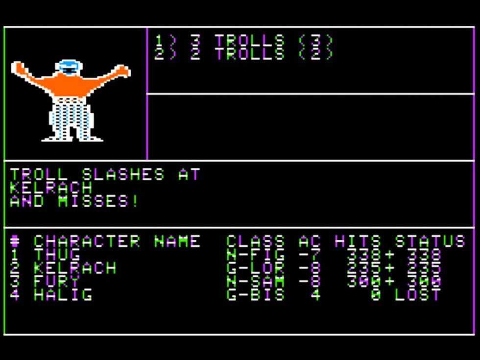 Combattimento contro un troll in Wizardry su Apple II