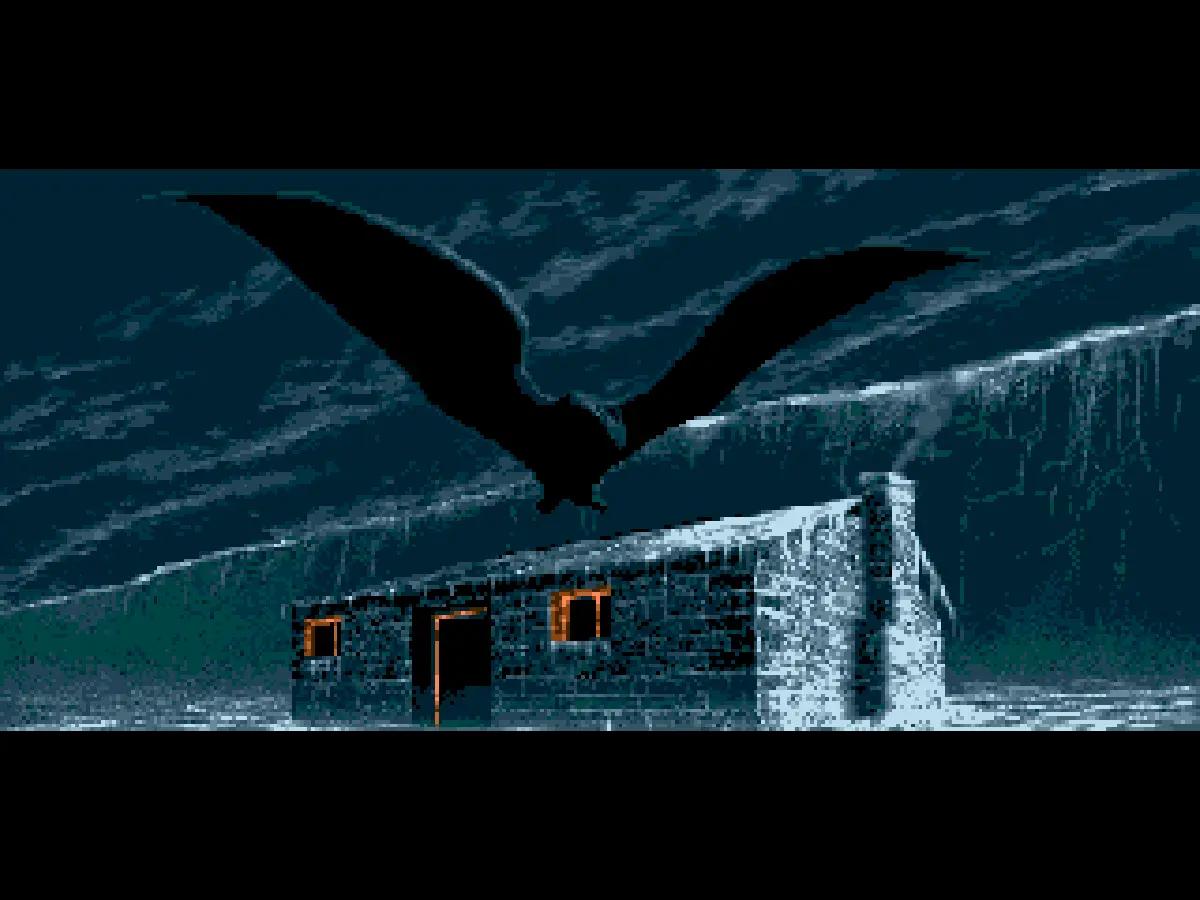 Introduzione di Shadow of the Beast II su Amiga, con una creatura alata in volo sopra una casa in un paesaggio innevato.