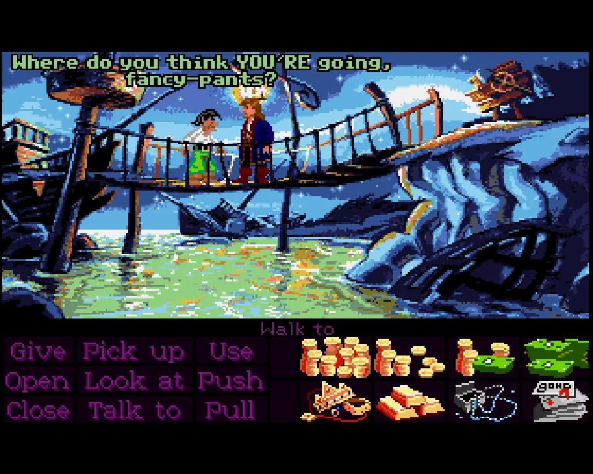 Monkey Island 2 nella conversione originale per Amiga OCS/ECS, con Guybrush e Largo sulla passerella di Woodtick.
