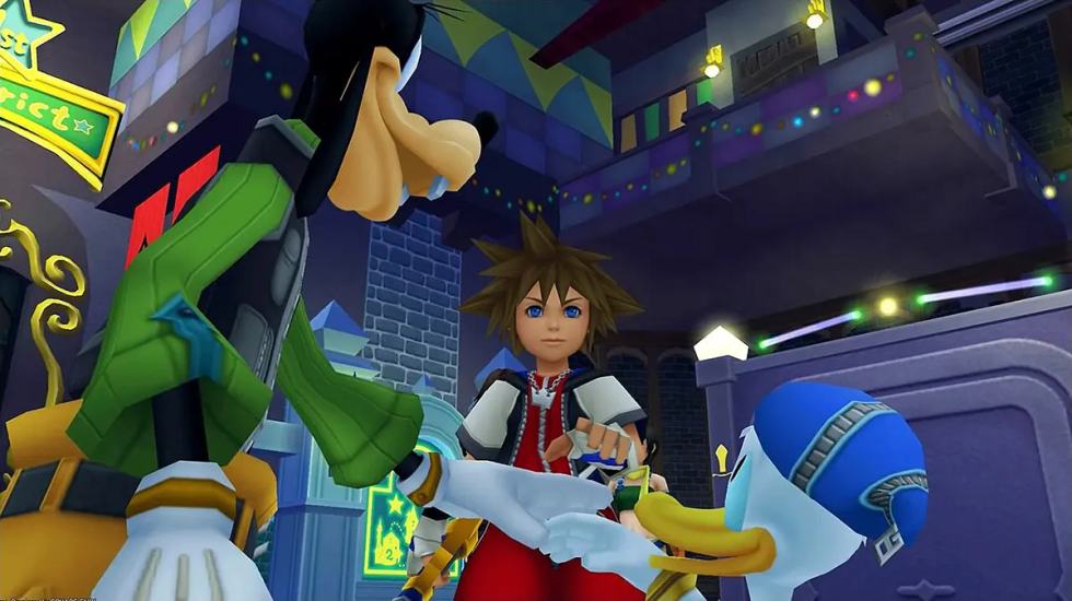 Sora insieme a Paperino e Pippo in Kingdom Hearts su PlayStation 2