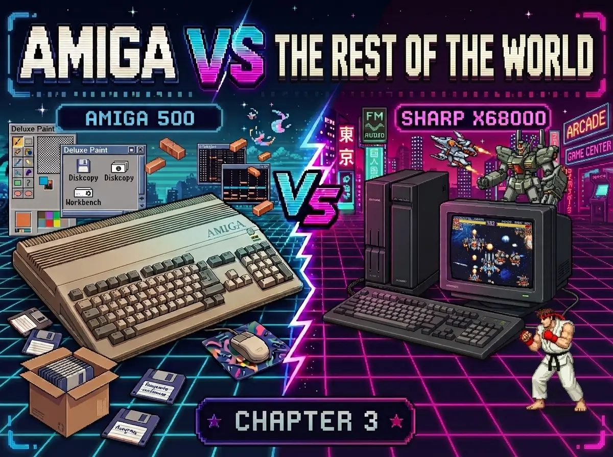 Pixel-art cover with Amiga 500 and Sharp X68000, between Amiga creativity and Japanese arcade atmosphere.