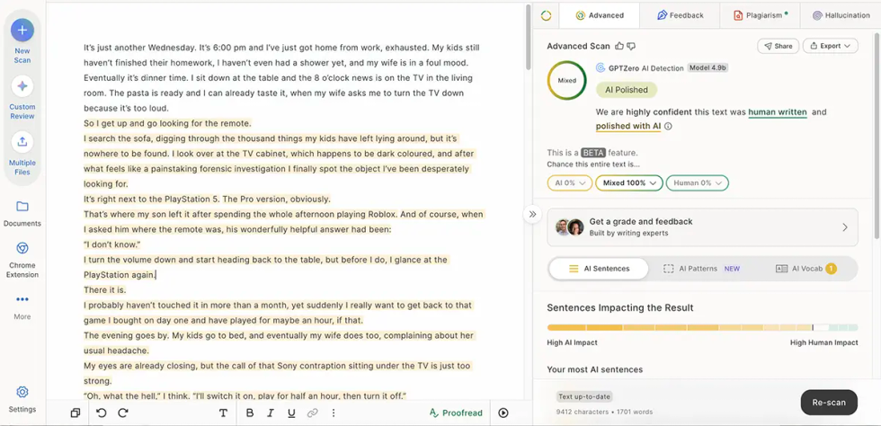 GPTZero analysis of the English translation of the same text, classified as 100% Mixed and AI Polished.