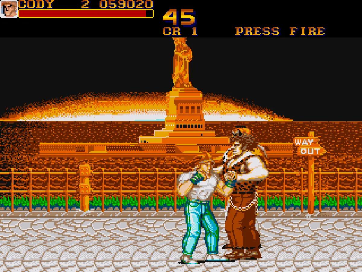 Final Fight on Amiga, with Cody fighting in front of the Statue of Liberty.