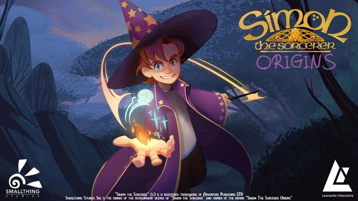 Artwork di Simon the Sorcerer Origins con giovane mago e logo del gioco.