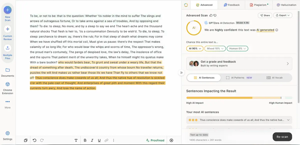 GPTZero analysis of Hamlet’s “To be, or not to be” soliloquy, showing 90% AI, 10% Mixed and 0% Human.