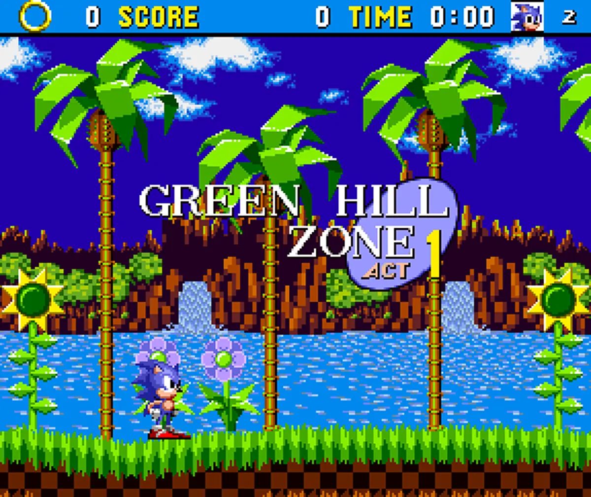 Sonic corre nella Green Hill Zone nella demo Aonic per Amiga 1200