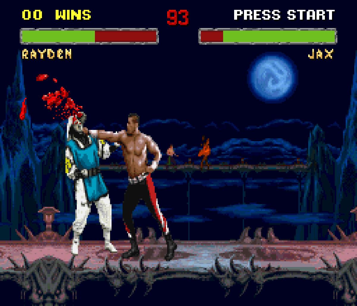 Screenshot di Mortal Kombat II per Super Nintendo, con due combattenti durante un incontro in uno scenario notturno.
