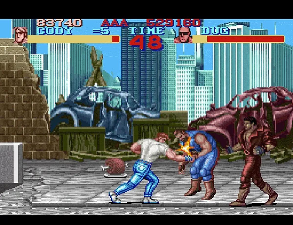 Screenshot from the Super Nintendo version of Final Fight with Cody fighting Damnd.