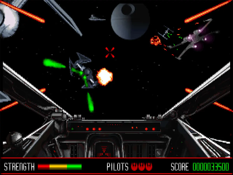 Cockpit view during space combat near the Death Star in Star Wars: Rebel Assault