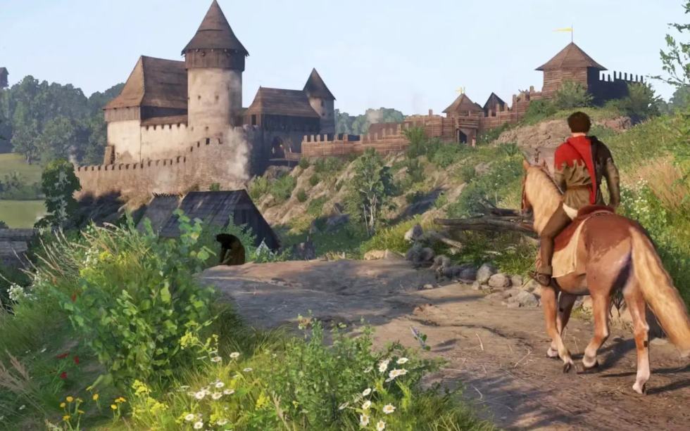 Henry a cavallo si avvicina a un castello in Kingdom Come: Deliverance.