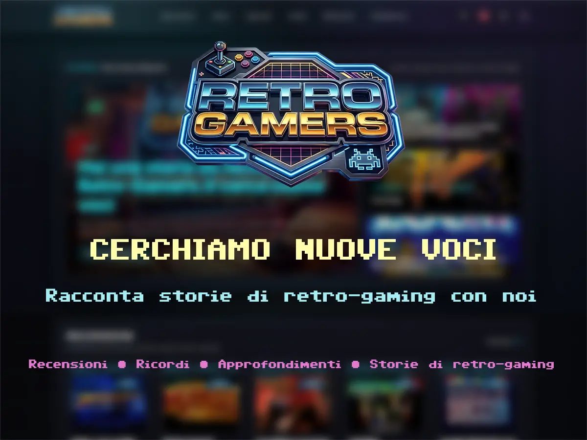 Illustrazione editoriale Retro-Gamers.it con computer, joystick, quaderno e la scritta “Cerchiamo nuove voci”.