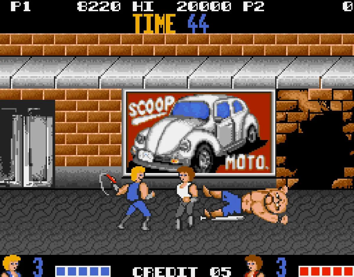 Double Dragon su Amiga con due personaggi che combattono in strada.