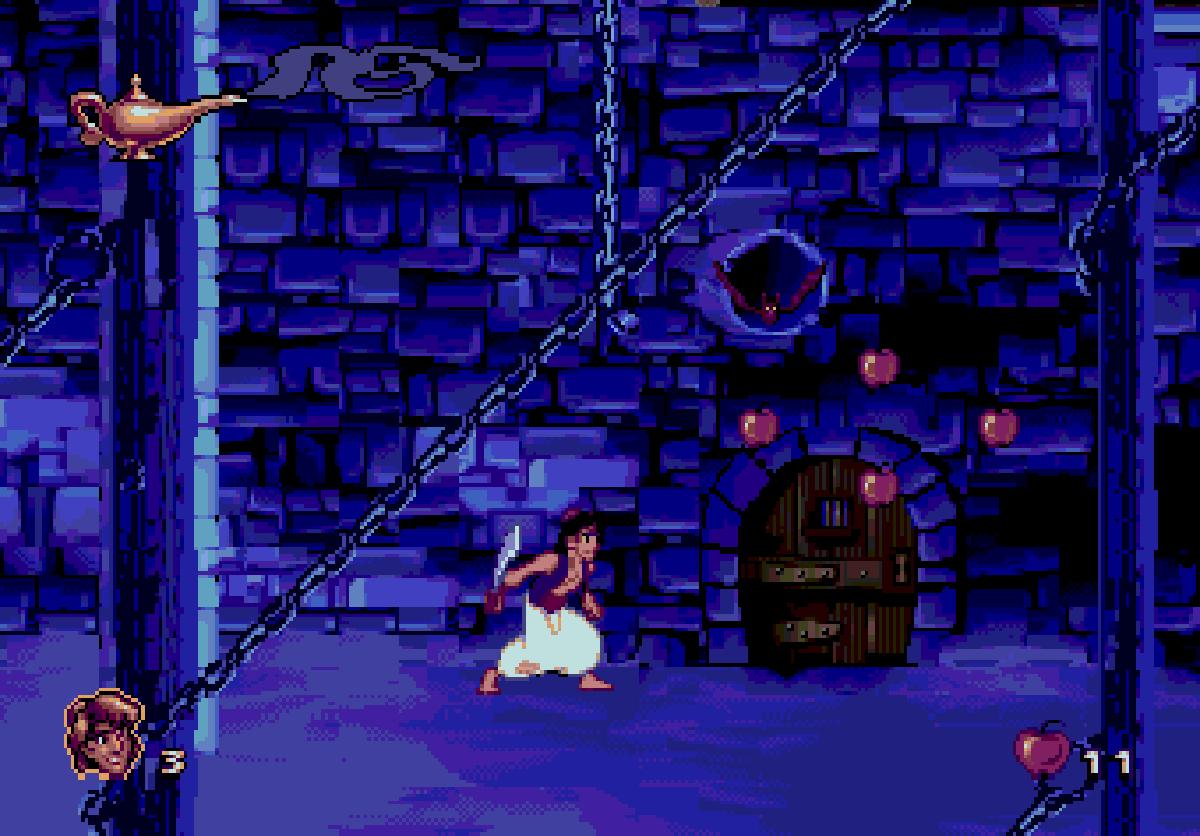 Screenshot di Disney’s Aladdin per Mega Drive, con Aladdin in uno scenario blu del palazzo mentre affronta i nemici.
