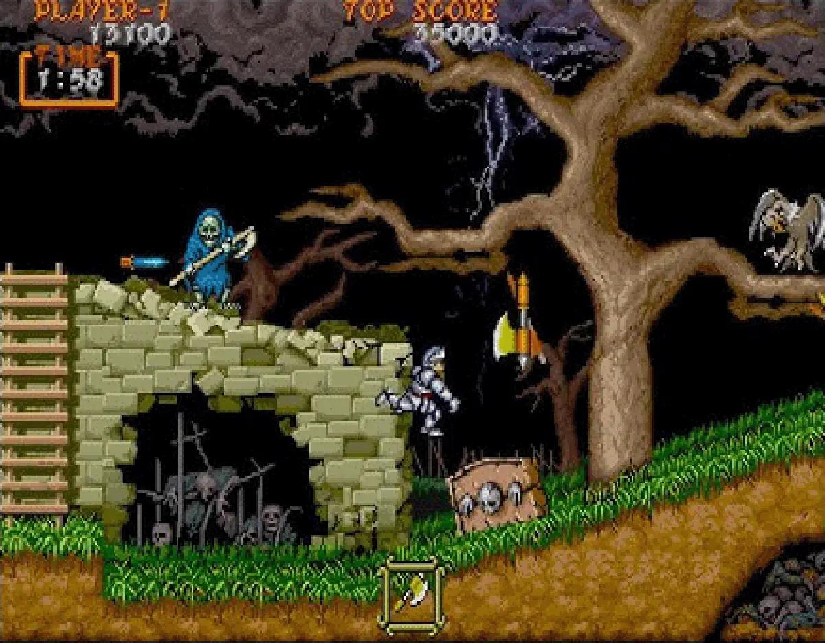 Daimakaimura on Sharp X68000, with Arthur fighting in a gothic graveyard scene.
