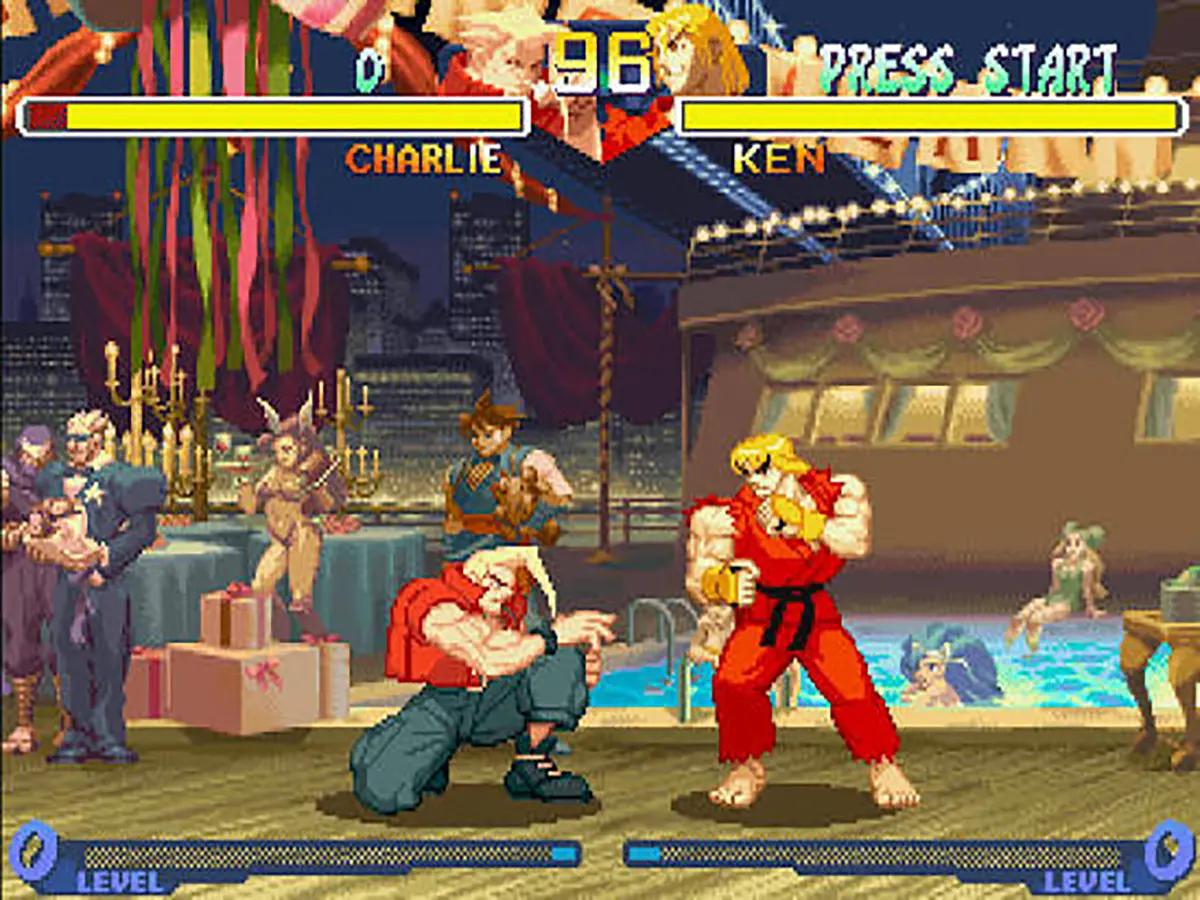 Street Fighter Alpha 2 su Sega Saturn, con Ken e Charlie impegnati in un combattimento.