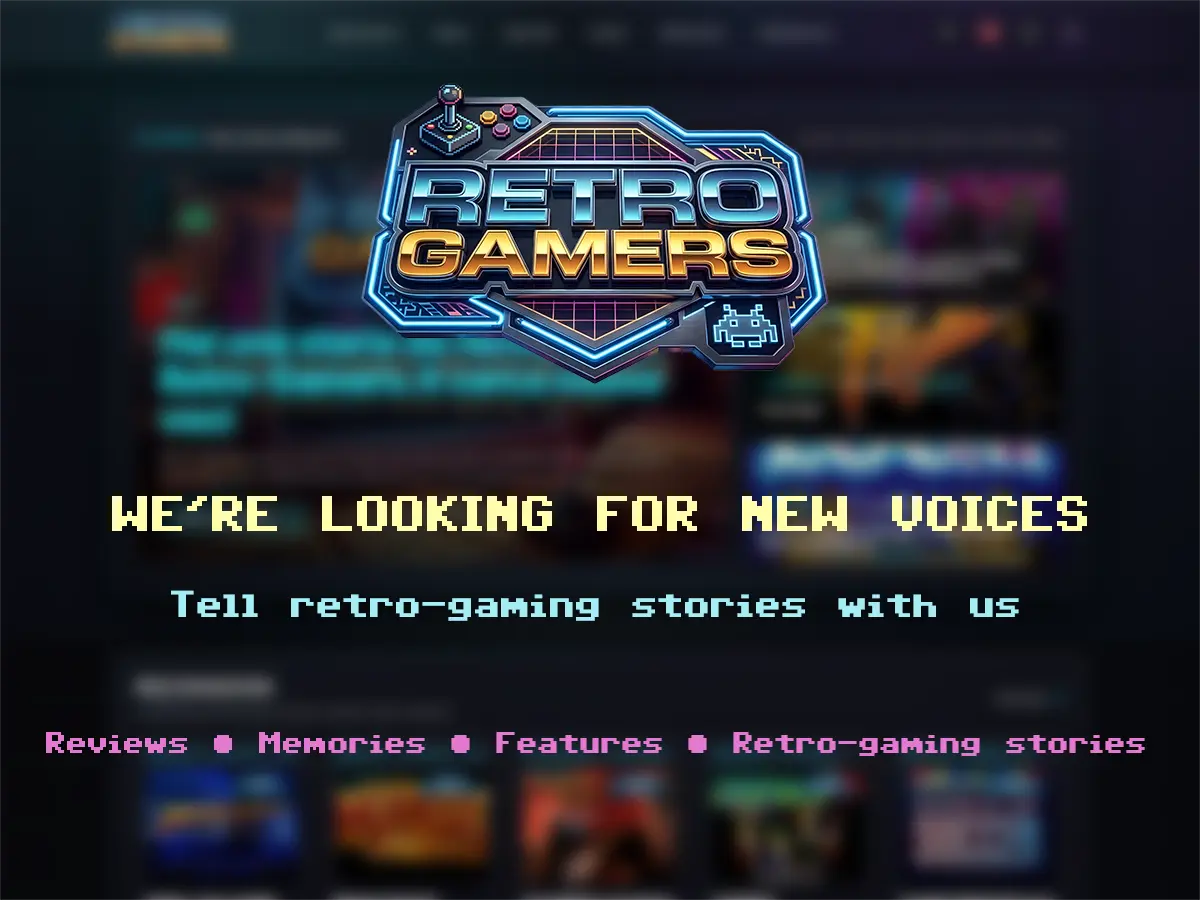 Retro-Gamers.it editorial illustration with computers, joystick, notebook and the text “We’re looking for new voices”.