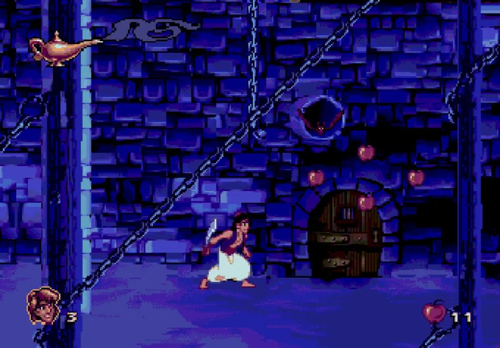 Aladdin in un livello sotterraneo di Disney’s Aladdin per Mega Drive.