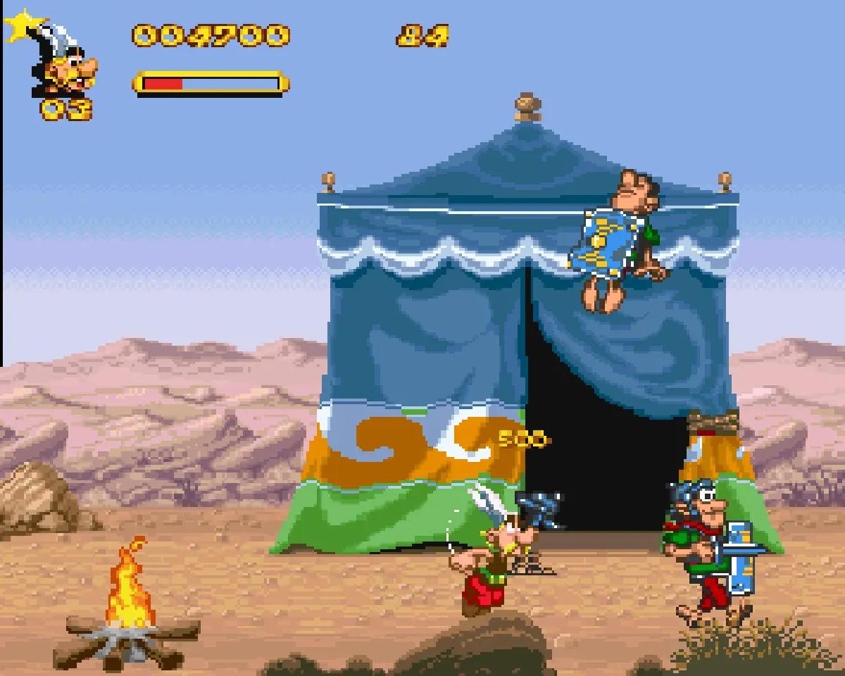 Asterix fighting enemies in a Super Nintendo platform game