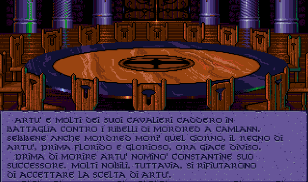 Testo introduttivo in italiano nella sala della tavola rotonda di Spirit of Excalibur.