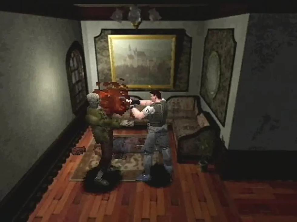 Chris Redfield affronta uno zombie in un ambiente con sfondo pre-renderizzato nel primo Resident Evil per PlayStation.