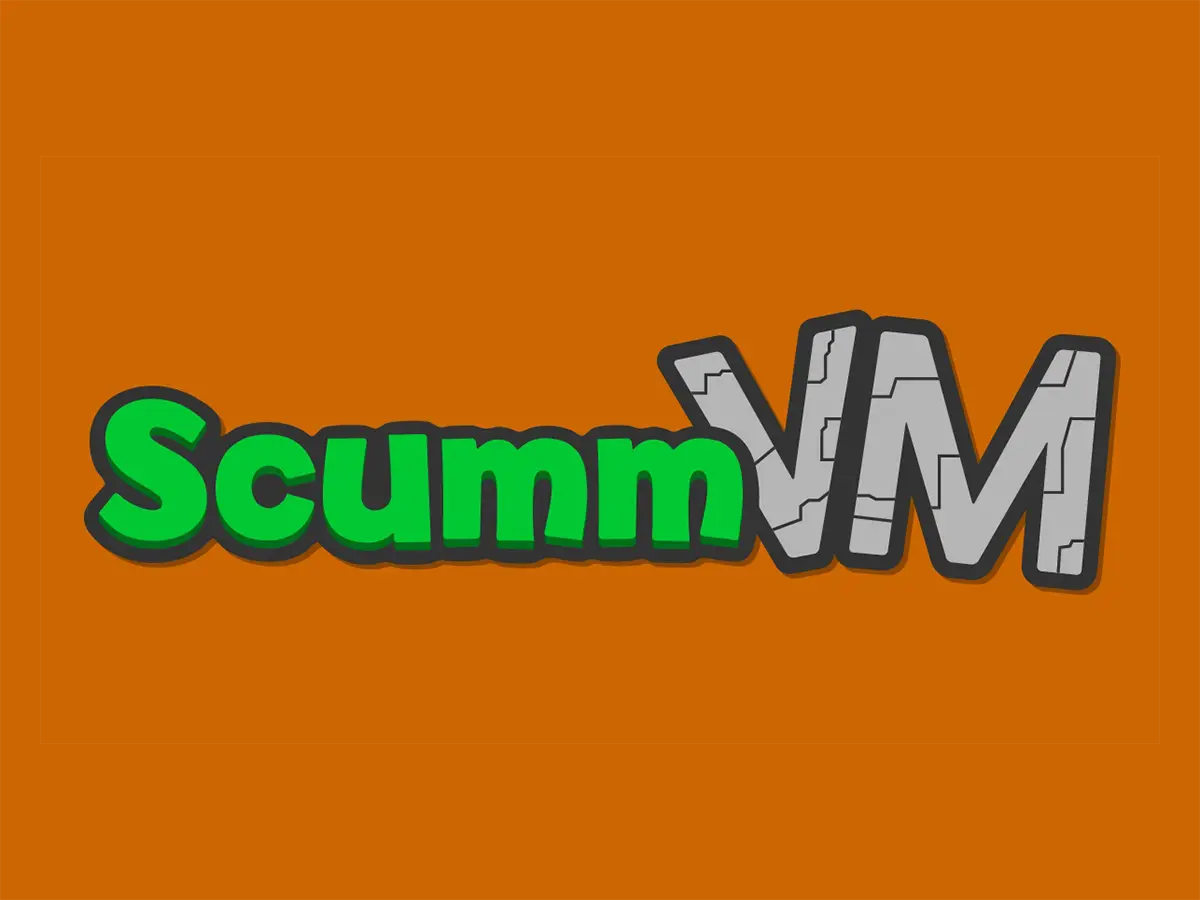 Logo di ScummVM, interprete open source per avventure grafiche classiche, su sfondo arancione