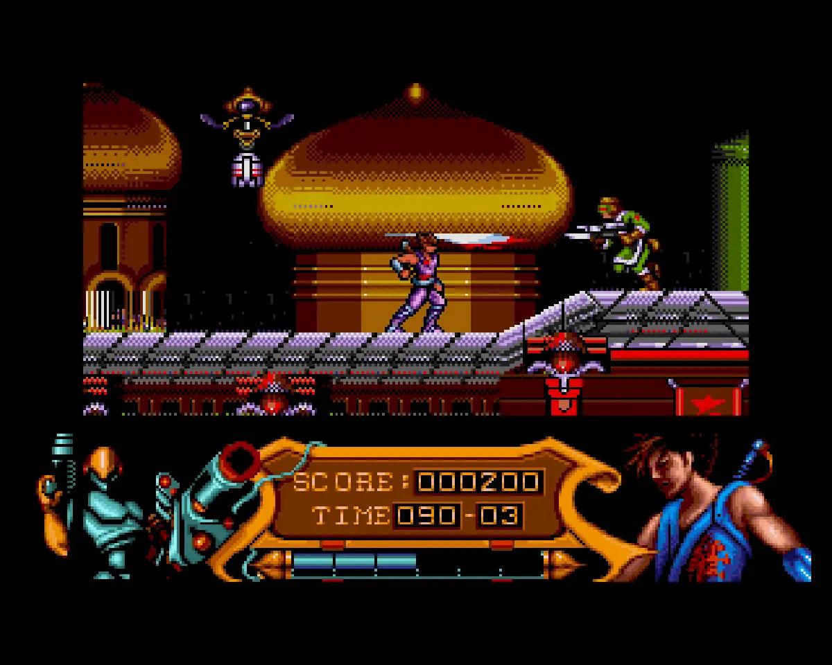 Strider on Amiga, with Hiryu fighting in a simplified futuristic stage.