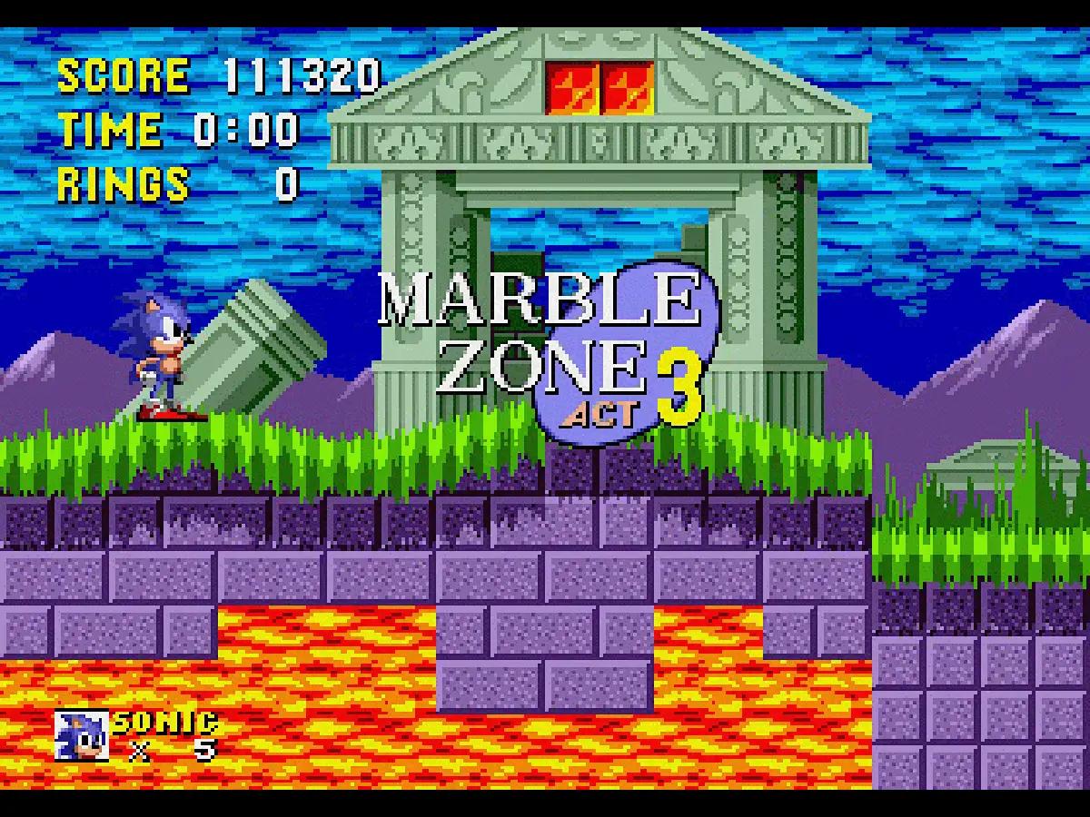 Sonic the Hedgehog su Mega Drive nel livello Marble Zone, con Sonic davanti a piattaforme di pietra sospese sulla lava.