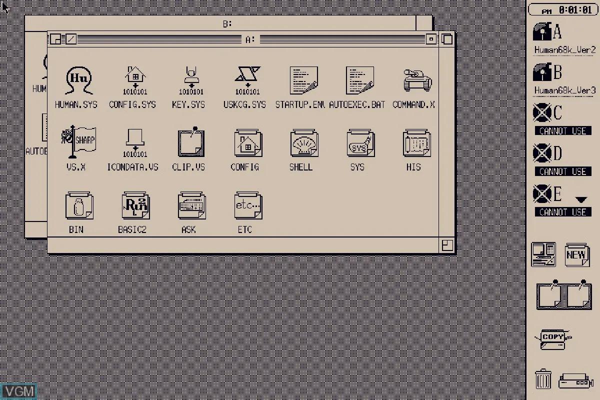 Human68k on Sharp X68000, with windows, icons and system drives visible on screen.
