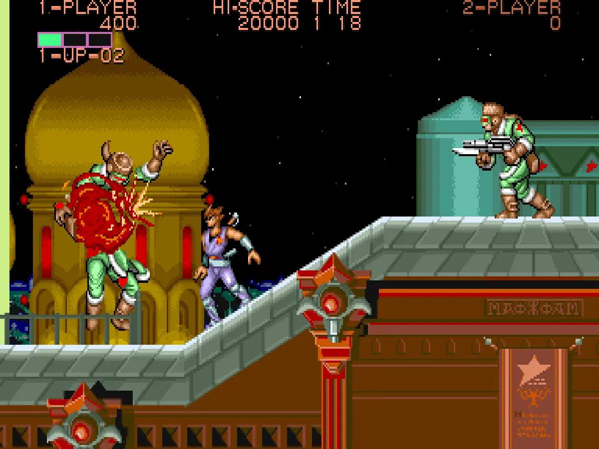 Strider on Sharp X68000, with Hiryu fighting on a futuristic platform stage.
