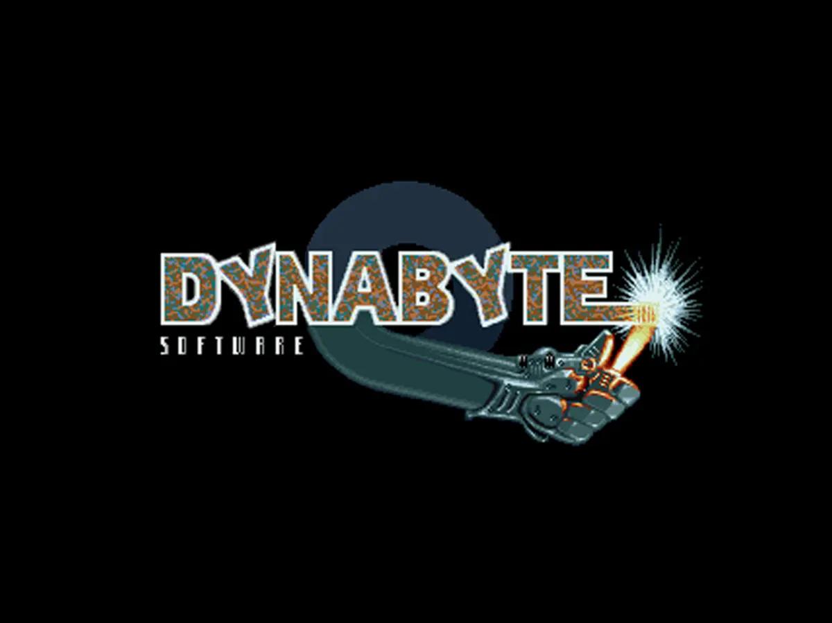 Logo Dynabyte Software con lettering metallico, mano robotica e scintilla luminosa su sfondo nero.
