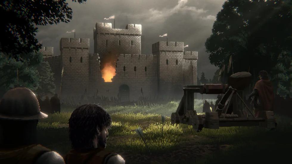 Assedio a un castello in Defender of the Crown: The Legend Returns con una macchina d'assedio davanti alle mura