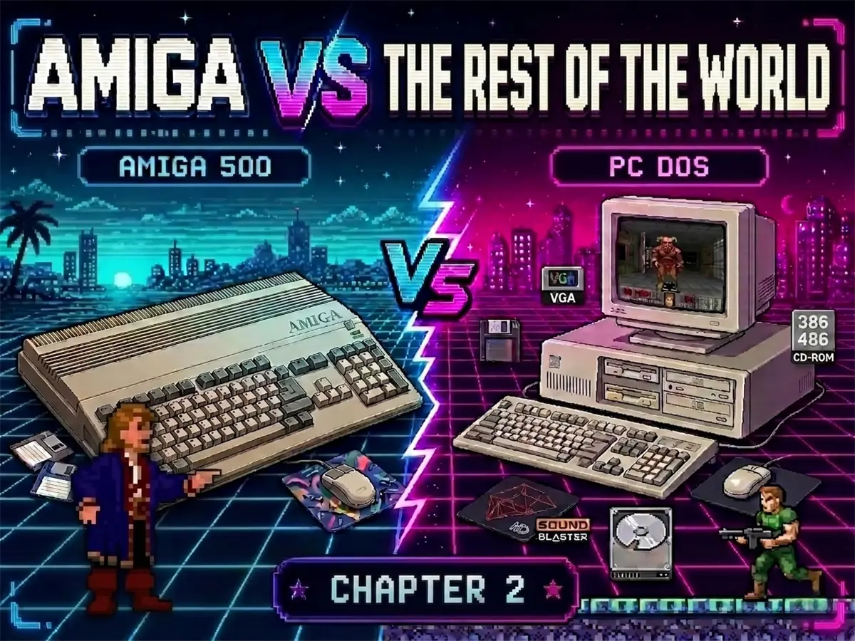 Cover pixel art con Amiga 500, PC DOS, Guybrush, Doom, VGA e Sound Blaster.
