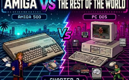 Pixel-art cover with Amiga 500 and PC DOS computers, Guybrush, Doom, VGA and Sound Blaster.