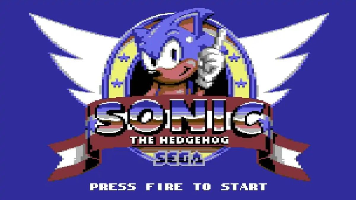 Schermata del titolo di Sonic the Hedgehog per Commodore 64.