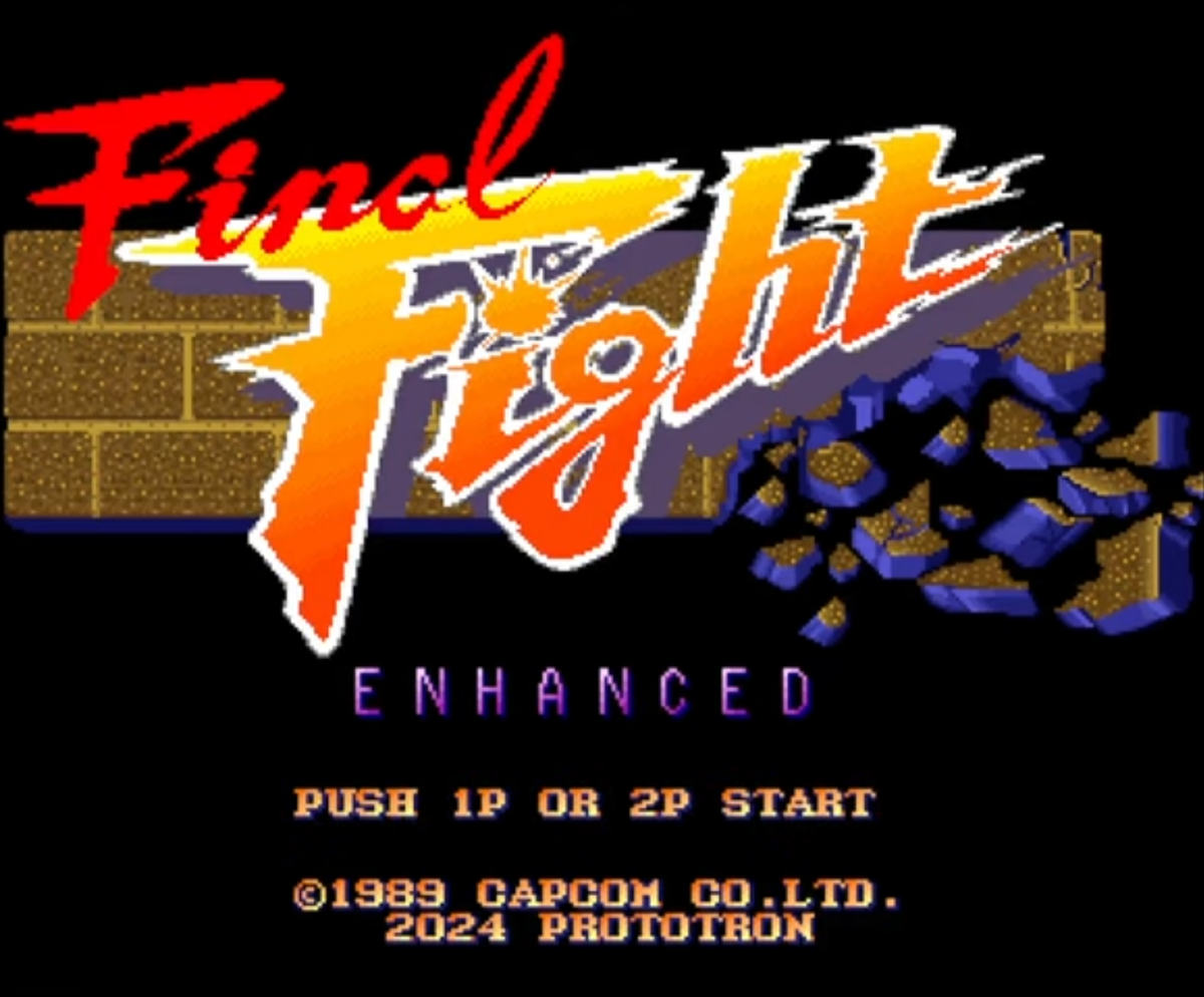 Schermata del titolo di Final Fight Enhanced con opzione per due giocatori.