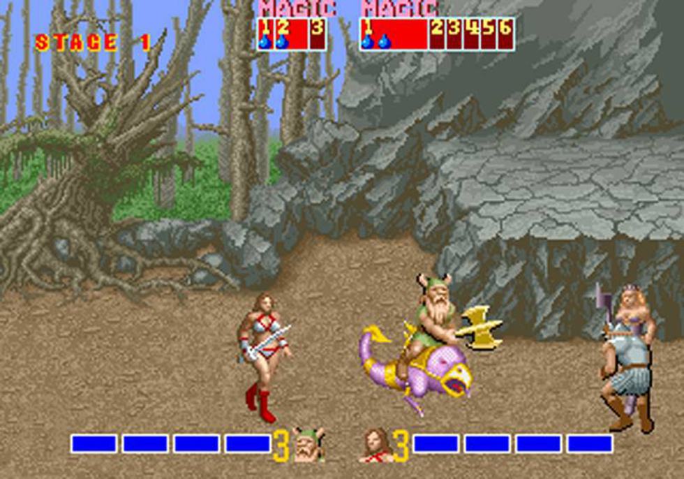 Golden Axe arcade scene with Tyris and Gilius fighting beside the Chicken Leg.