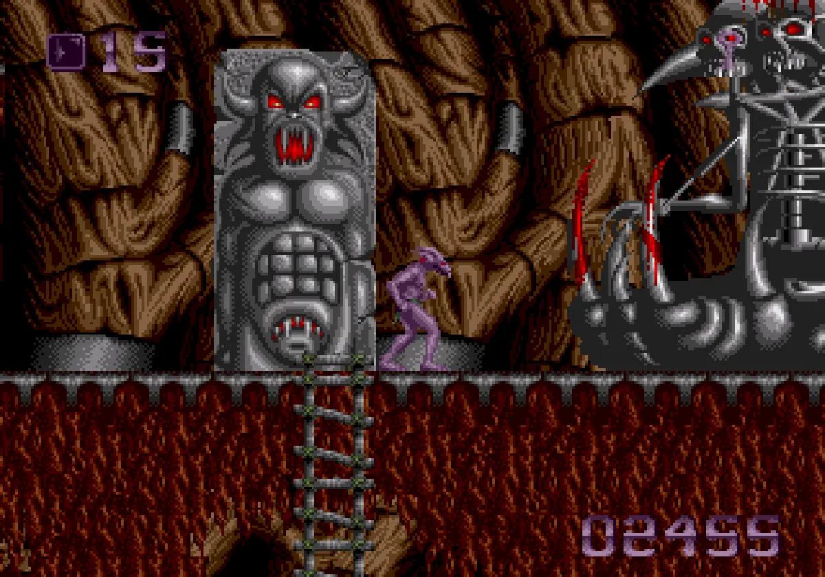 Shadow of the Beast su Amiga, con il protagonista in uno scenario ricco di dettagli e grandi elementi sullo sfondo.