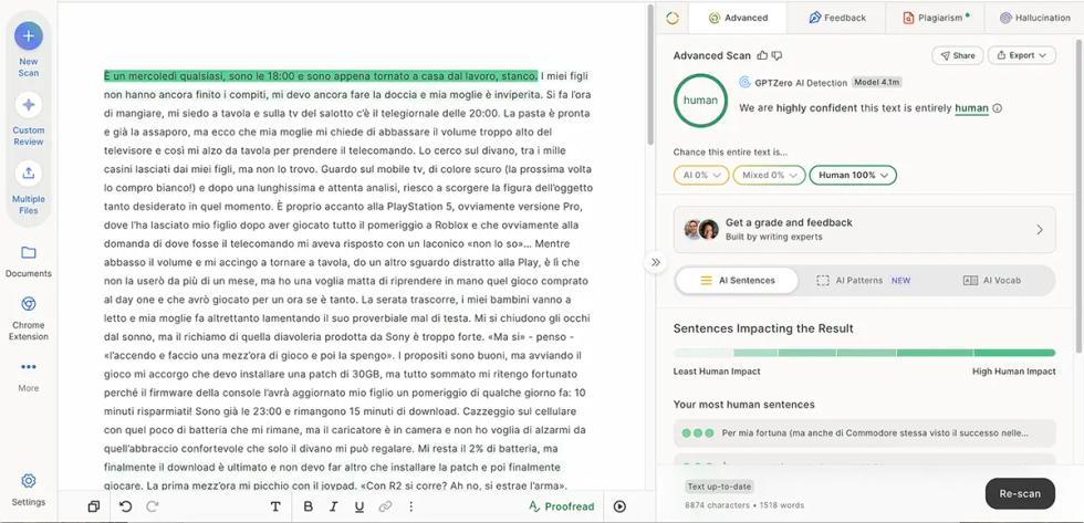 GPTZero analysis of an original Italian draft, classified as 100% Human.