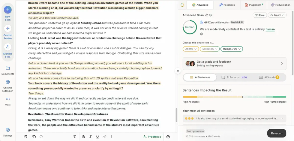 GPTZero analysis of the English version of the Tony Warriner interview, showing 75% Human, 21% AI and 4% Mixed.