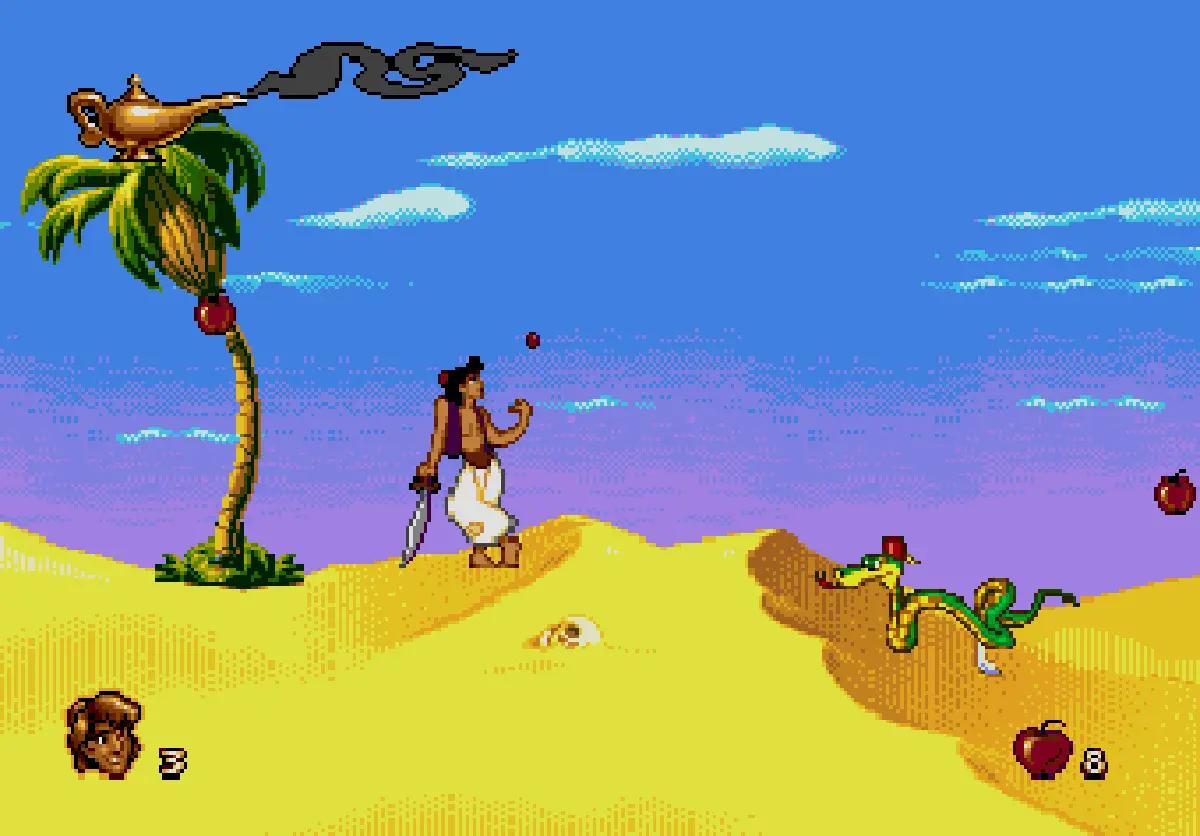 Disney’s Aladdin per Mega Drive, con Aladdin nel deserto e lo scenario colorato sullo sfondo.