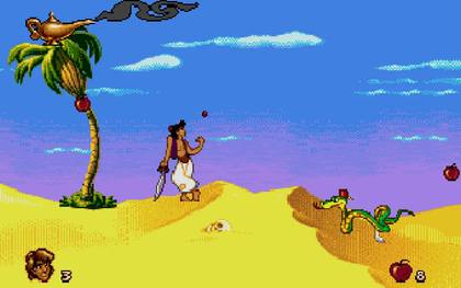 Disney’s Aladdin per Mega Drive, con Aladdin nel deserto e lo scenario colorato sullo sfondo.