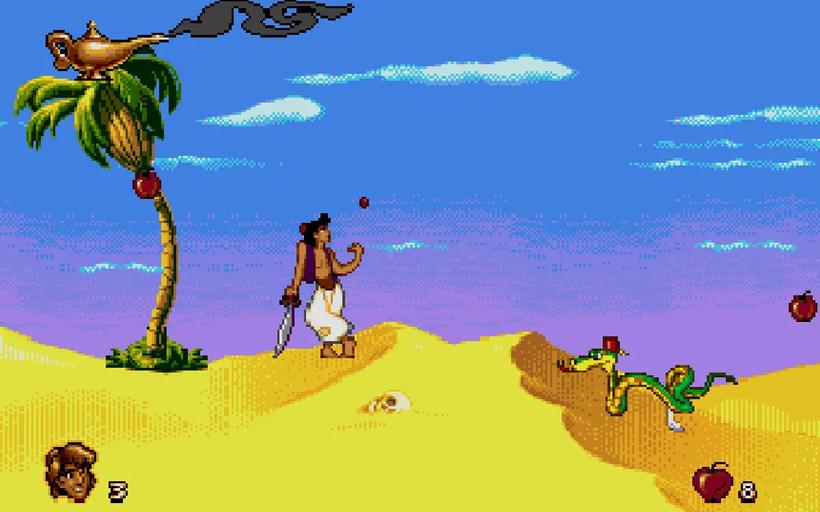 Disney’s Aladdin per Mega Drive, con Aladdin nel deserto e lo scenario colorato sullo sfondo.