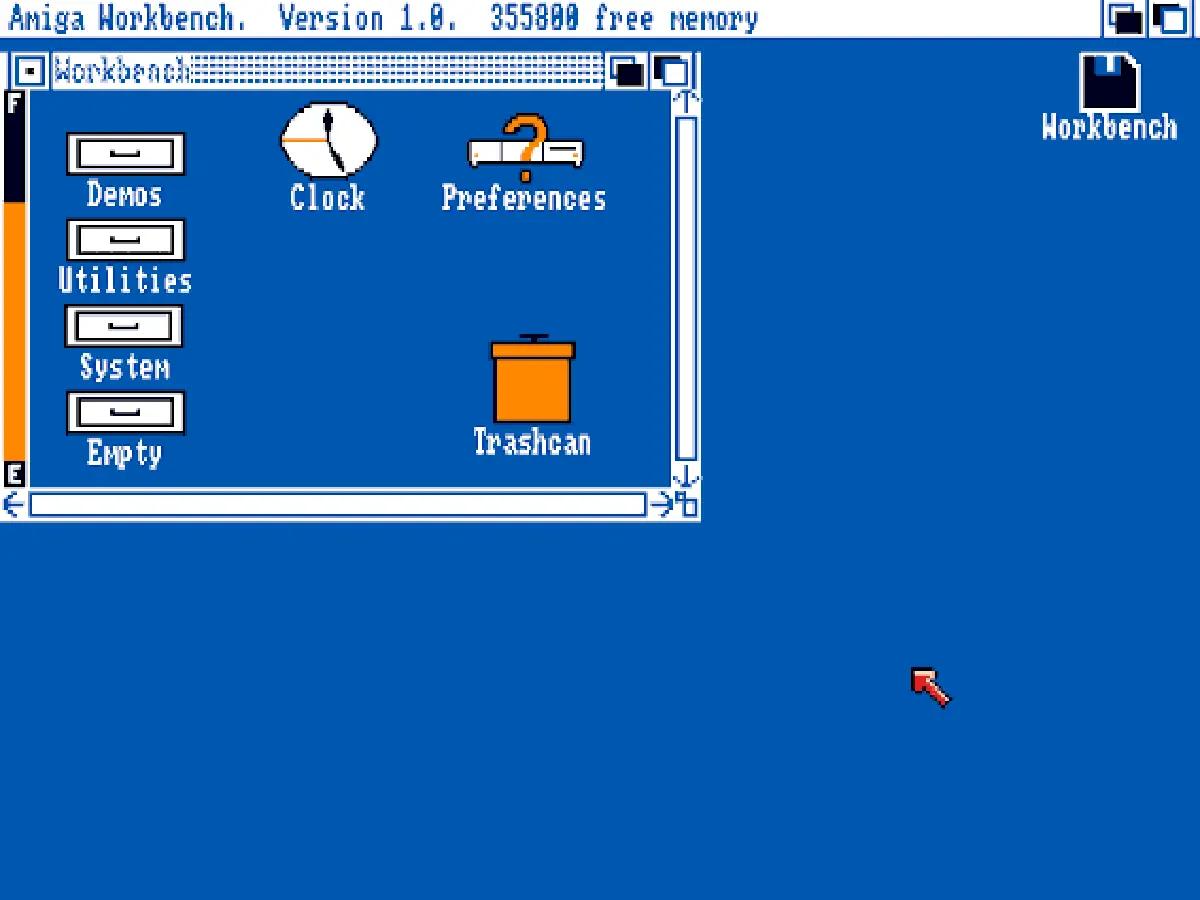 Workbench 1.3 su Amiga, con finestra aperta, icone di sistema e sfondo blu.