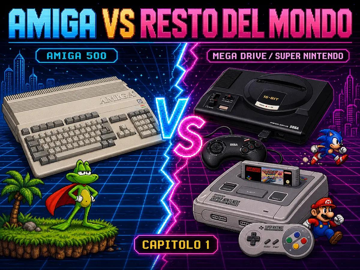 Illustrazione con Amiga 500, Superfrog, Mega Drive, Super Nintendo, Sonic e Mario in un confronto sulle macchine 16 bit.