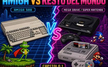 Illustrazione con Amiga 500, Superfrog, Mega Drive, Super Nintendo, Sonic e Mario in un confronto sulle macchine 16 bit.